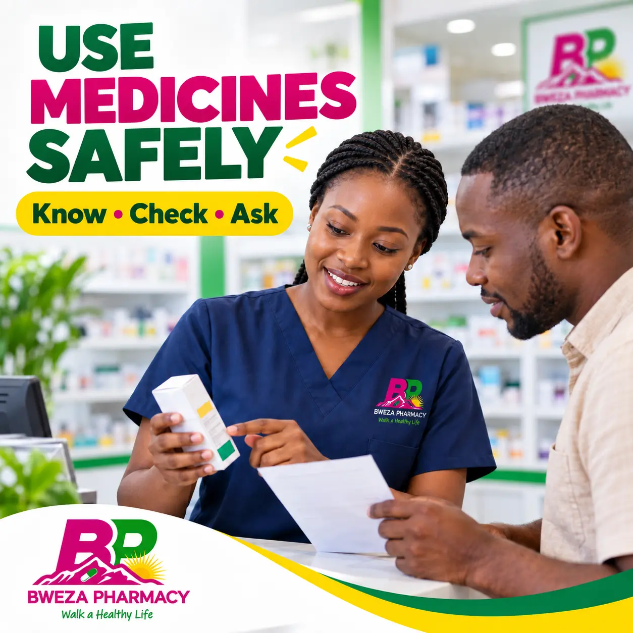 Bweza Pharmacy medicine-safety awareness graphic showing a pharmacist helping a customer review medicine instructions