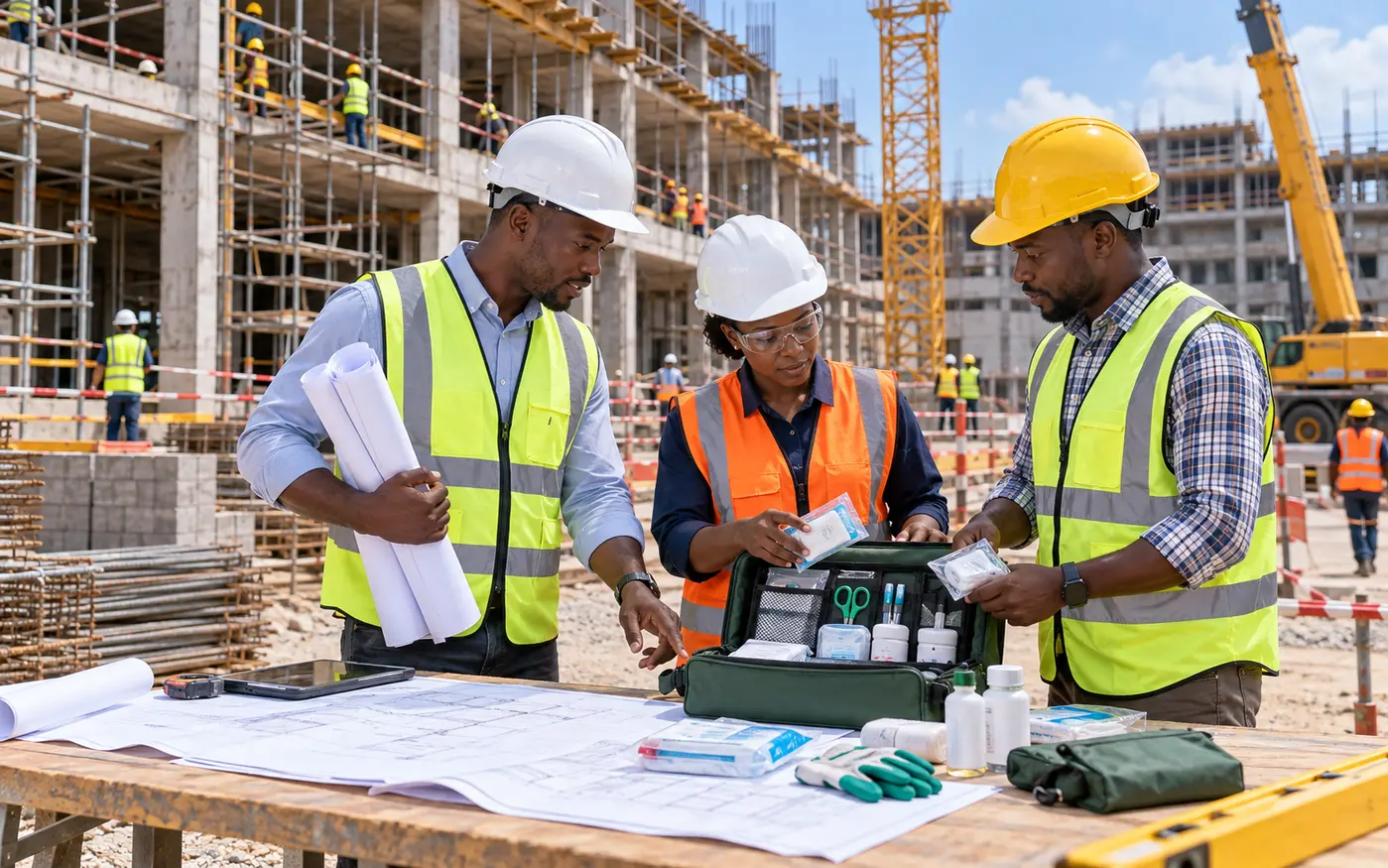 Construction and engineering team reviewing site first-aid and emergency supplies