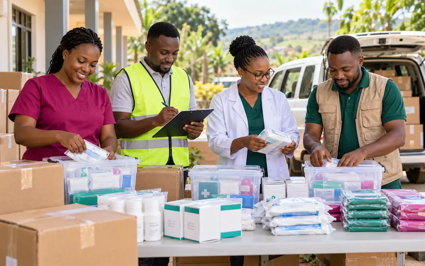 Community outreach team with organised medical kits