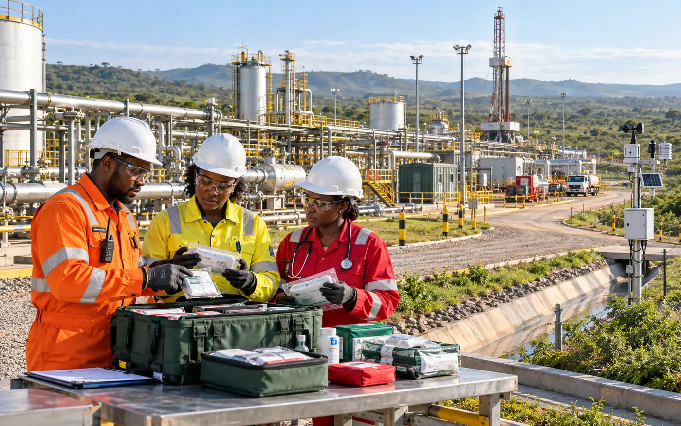 Oil and gas field team reviewing remote-site medical and emergency supplies