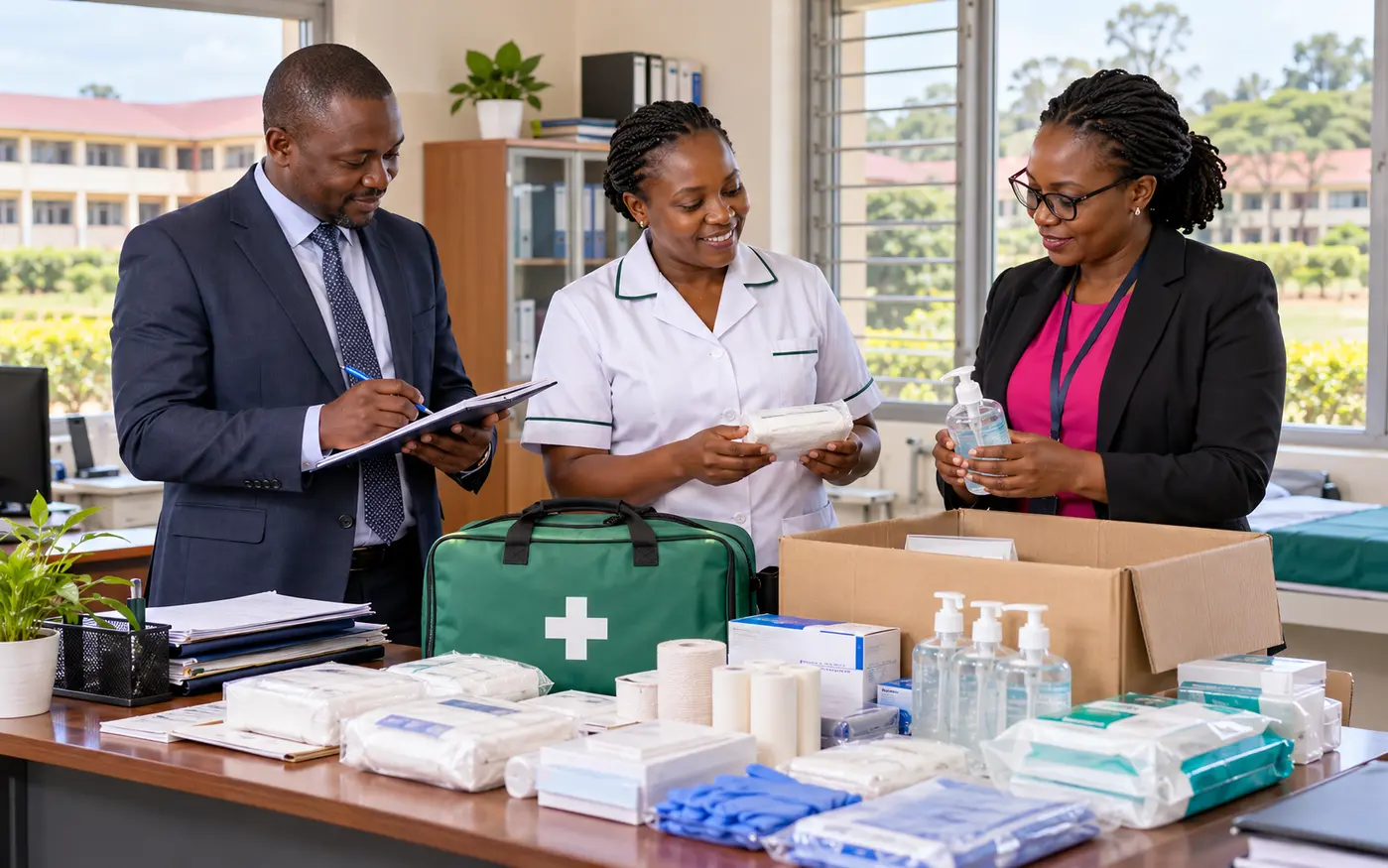 School administrators reviewing first-aid, sickbay and hygiene supplies